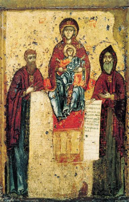 Theotokos of the Caves (Svensk) with the Monks Anthony and Theodosius of the Caves. 1288